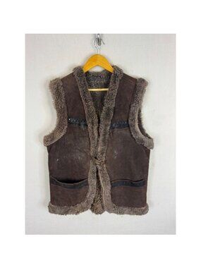 Vintage Ildan Kazan Shearling Vest Brown Suede Sheepskin Fur Western M Russian